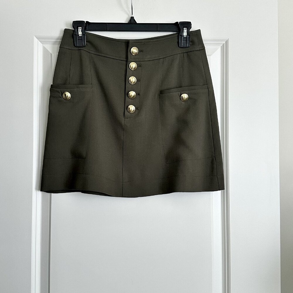 NWT INTERMIX Green Crepe Gold Buttons Mini Skirt Size 4